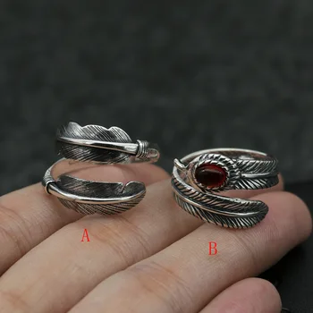 

925 Sterling Silver Feather Ring Handmade Red Street Shooting Jewelry Men And Women Opening Retro Ring Finger Index