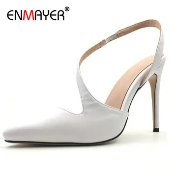 

ENMAYER Wedding Shoes Basic Party Mature PU Pointed Toe Slip-On Womens Shoes Solid Narrow Band Thin Heels Women Sandals 34-43