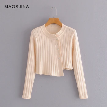 

BIAORUINA Women's Solid Color Single Breasted Knitted Asymmetric Cardigan Round Neck Office Lady Elegant All-match Sweater