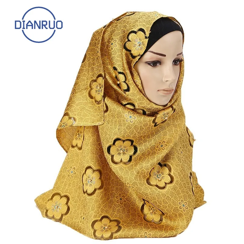 DIANRUO New Design Flower Print Gold Silk Scarf Soft Organza Fashion Pashmina Foulard Head Scarves Travel Sunscreen Shawl N209 |