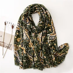 Autumn Fashion Army Green Cashew Floral Fringe Viscose Shawl Scarf Lady Print Soft Pashmina Stole Bufandas Mujer Muslim Hijab