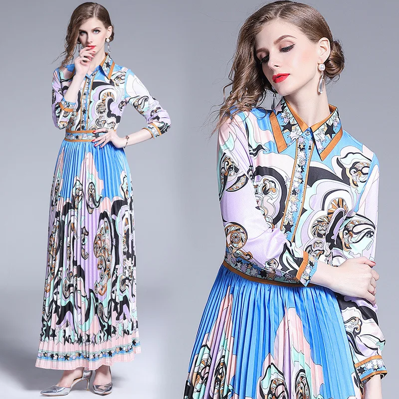 

Europe And America WOMEN'S Dress Palace Retro Contrast Color Printed Long-sleeved Dress Women's Pleat One Piece Long Skirts [Pho
