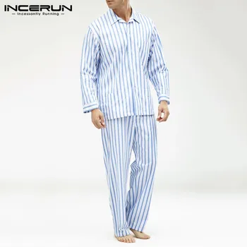 

INCERUN Fashion Men Striped Pajamas Sets Lapel Long Sleeve Sleepwear Long Pants Comfortable Autumn Homewear Mens Nightwear Sets
