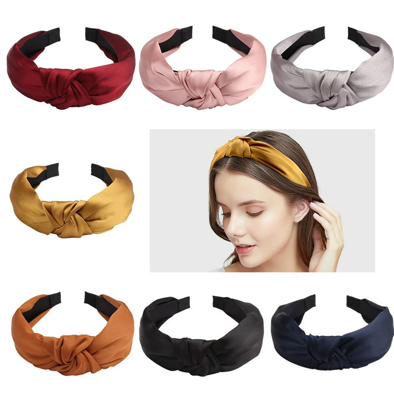 wide headbands for short hair Summer Satin Headband Female  Knot Hair Hoop Solid Fashionable Hair Headbands Fabric wide Hair Clip Hair Woman Hair Accessories bride hair clip