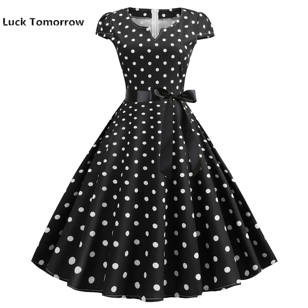

Plus Size S-2xl Women Black White Polka Dot Vintage Dress Rockabilly Swing Pin Up Ladies Summer Dresses Elegant Vestidos