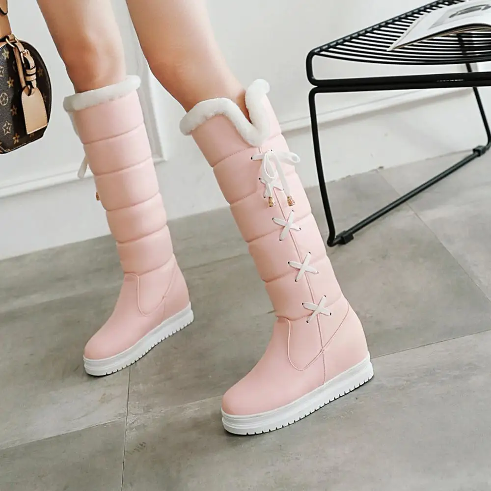 2019 New Winter Women Knee-High Boots Height Increasing Middle Heel Round Toe Sexy Ladies Platform Shoes Black Snow | Обувь