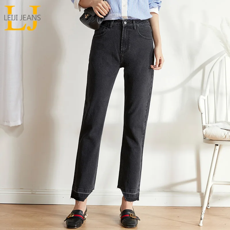 Женские свободные прямые брюки LEIJIJEANS, черные джинсы с низкой посадкой и поясом на резинке, новая крутая модель 9151 большого размера