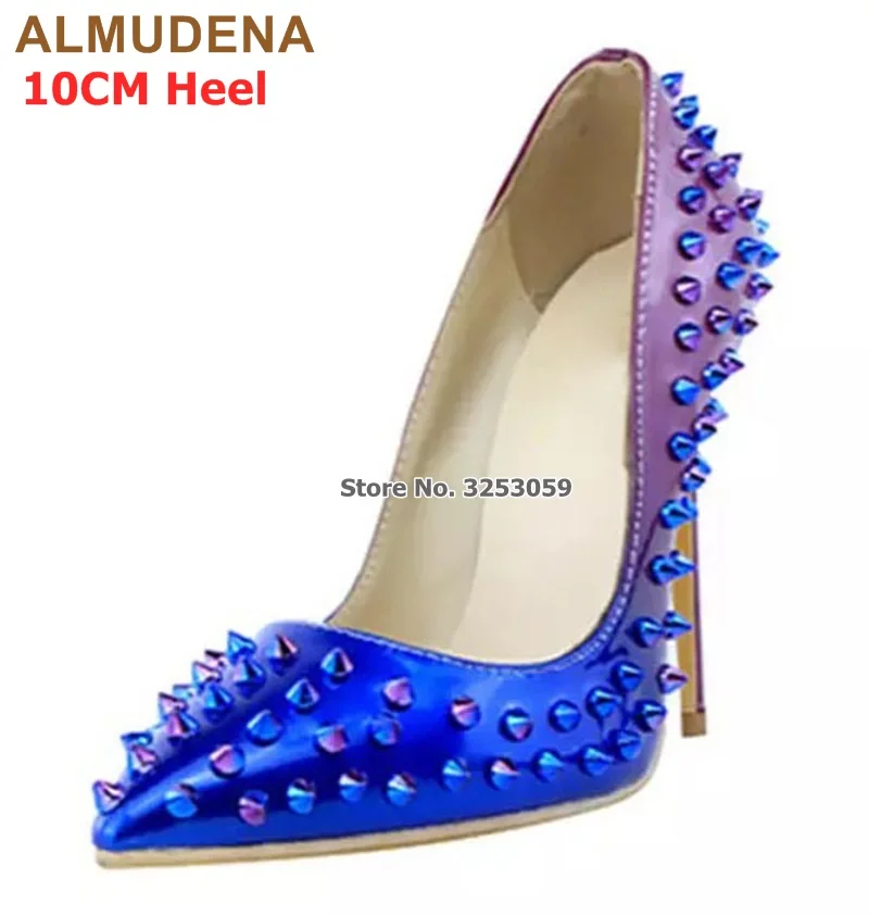 10cm heel ALMUDENA/пикантные женские туфли-лодочки с заклепками синего/фиолетового цвета модельные туфли из лакированной кожи на высоком каблуке-шпильке обувь с заклепками для ночного клуба - Цвет: 10cm heel