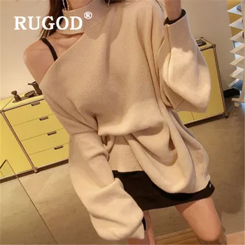 

RUGOD 2019 Autumn Winter New Style Strapless Shoulder Turtleneck Sweaters Women Solid Color Oversized Pullover Fashion Tops