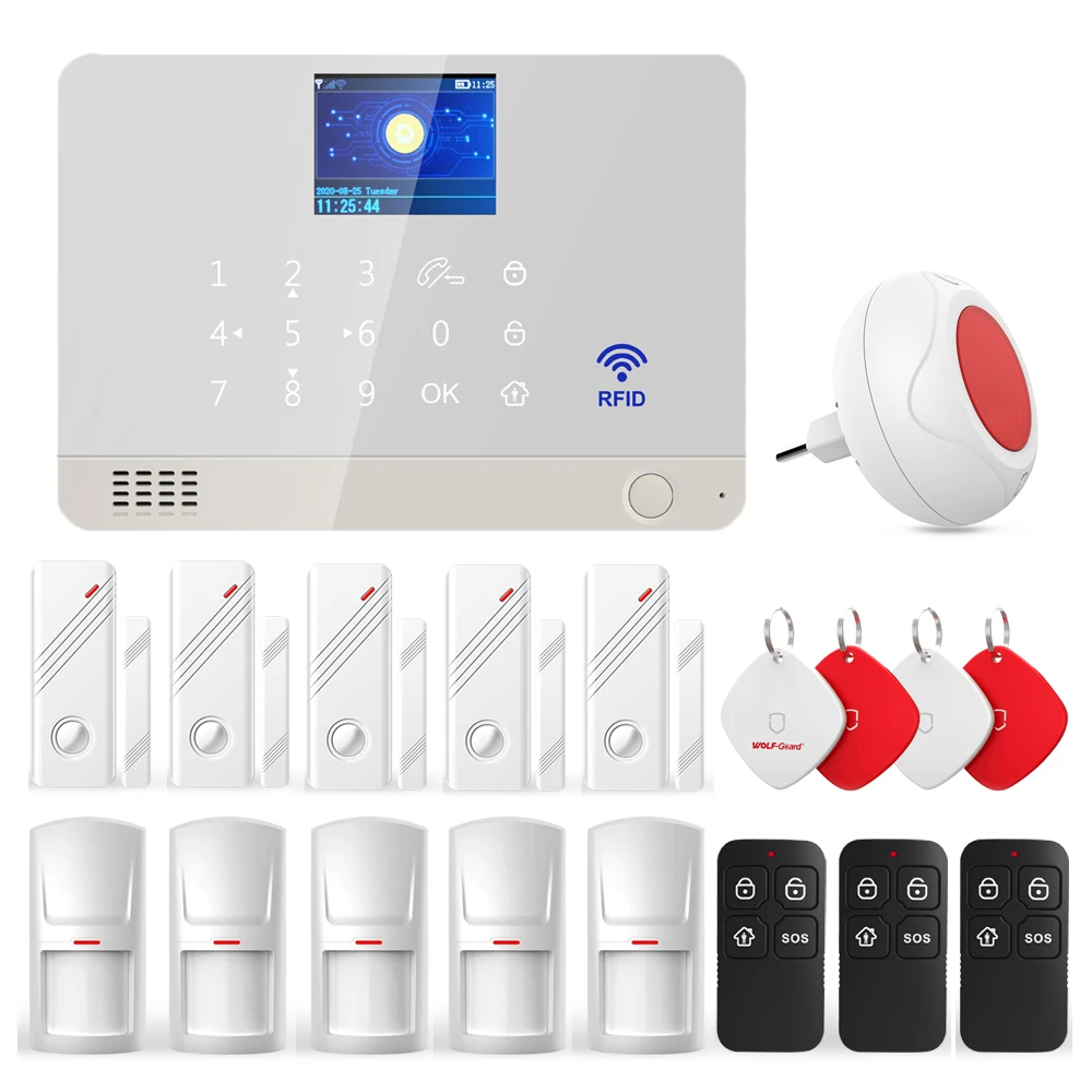 Wolf-Guard Wifi GSM LCD Home Alarm Security System TuYa APP Control 11 Languages DIY Camera Solar Siren PIR Detector Door Sensor 