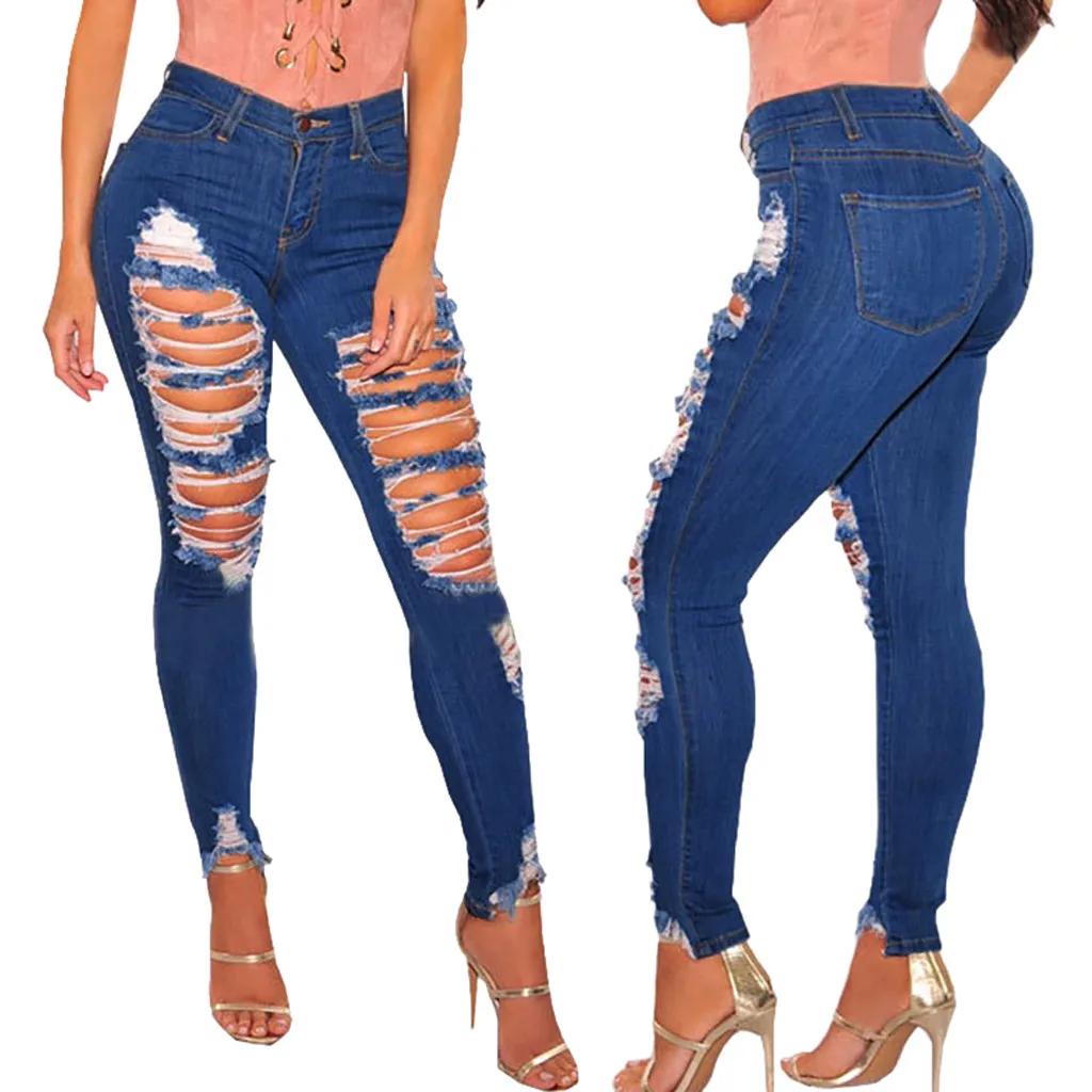 Модные женские джинсы больших размеров с карманами и дырками, женские джинсы с высокой талией, сексуальные узкие брюки W813