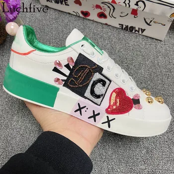 

Lace Up Graffiti Casual Shoes Woman Rivets Round Toe Women Sneakers Pearls Thick Bottom Green Zapatos Mujer