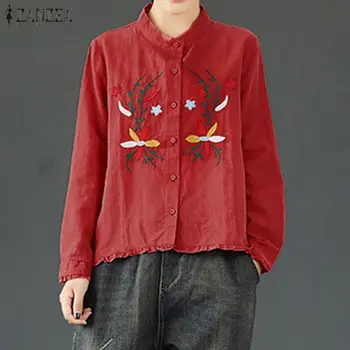 

2020 Spring Long Sleeve Blouse ZANZEA Vintage Floral Embroidered Shirt Women Casual Cotton Tunic Tops Female Blusas Chemise Robe