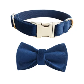 

Navy Blue Color Dog Collar and Leash Set With Bow Tie Solemn Collar with Metal Buttons For Pets