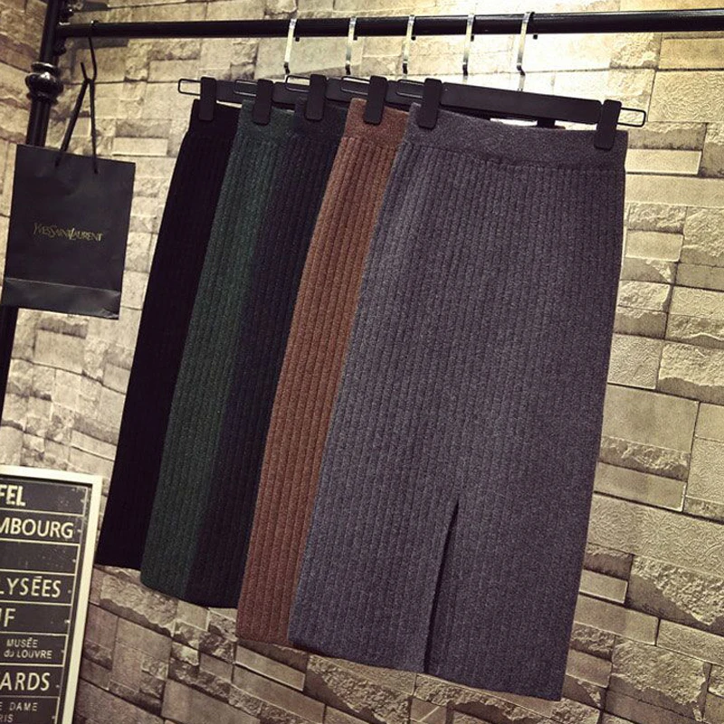

Shintimes Fall Winter Knitted Skirts Womens High Waist 2020 Female Sweater Warm Badycon Midi Skirt Elegant Split Straight Skirt