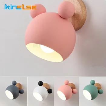 

Creative Wooden Mickey Mouse wall Lights Nordic Macaron LED E27 5 Color Wall Lamp Children Reading Bedroom Bedside Lighting