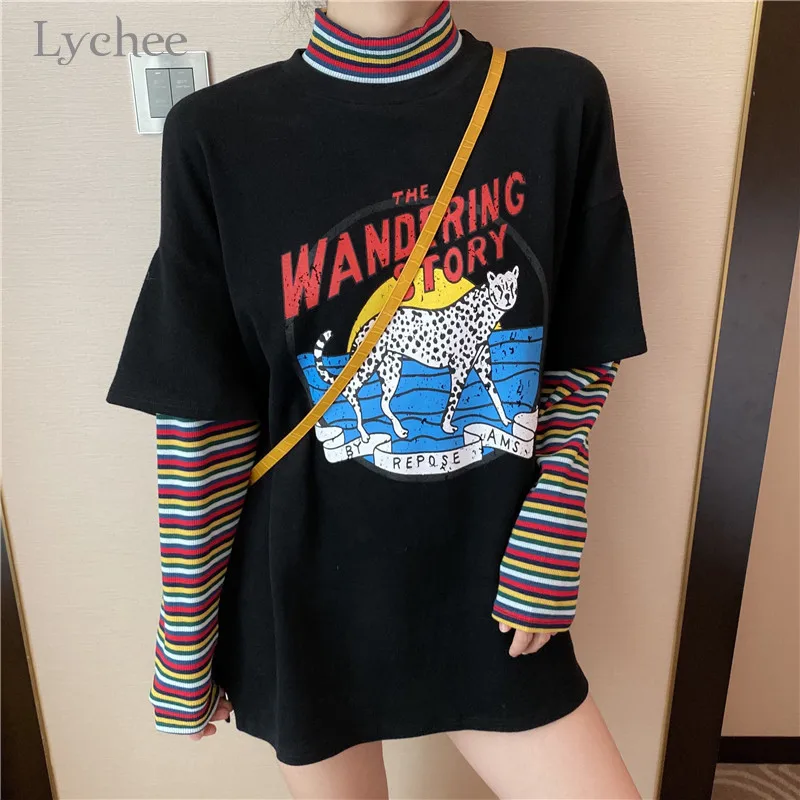 Lychee Harajuku леопардовая женская футболка с буквенным принтом поддельные 2 шт. вырез лодочкой леди пуловер Топы повседневные свободные Весенние женские футболки тройники