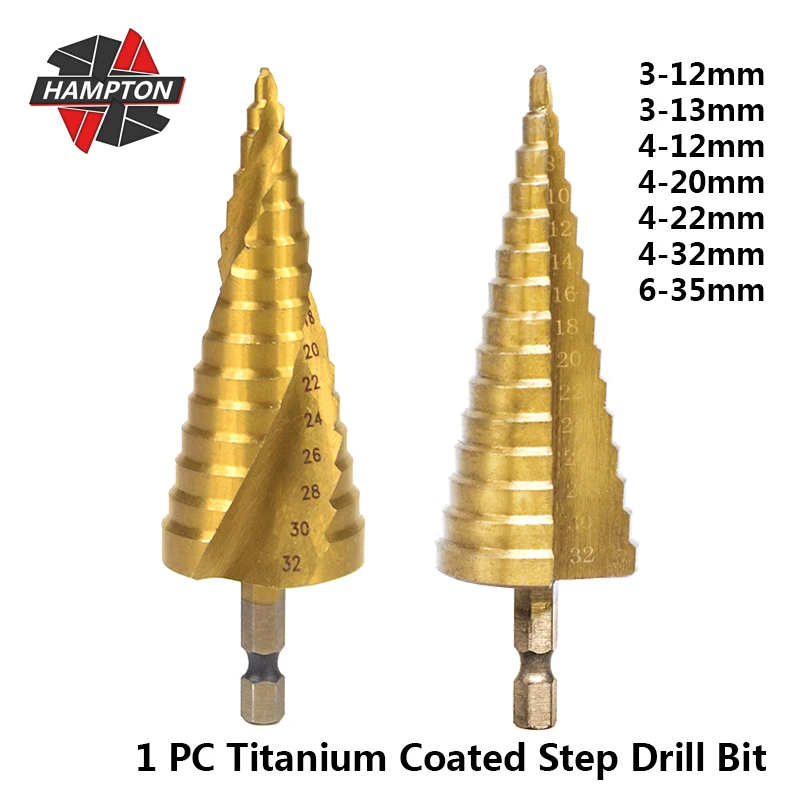 

Hampton 1pc Hex Shank Titanium Coated Step Drill Bit For Wood/Metal Power Tools Pagoda Shape Step Cone Drill Bit Hole Cutter