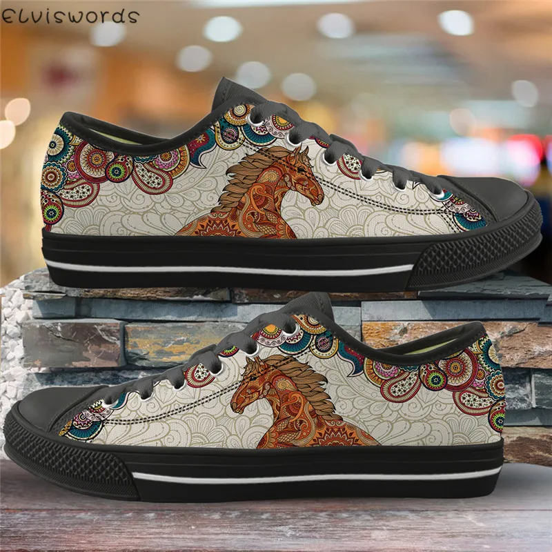 

ELVISWORDS Canvas Women Flats Shoes Polynesian Traditional Tribal Horse Pattern Light Lace-up Sneakers Female Vulcanized Shoes