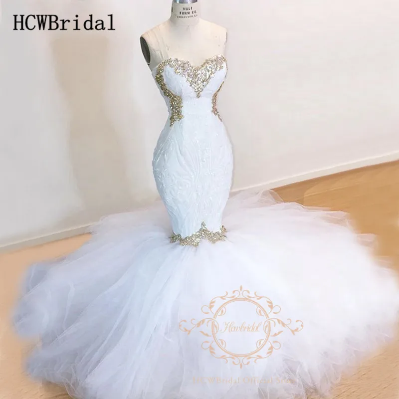

Glitter Golden Beaded Arabic Mermaid Wedding Dresses 2019 Sweetheart Lace Up Back Chic Sequins Appliques Dubai Wedding Dress