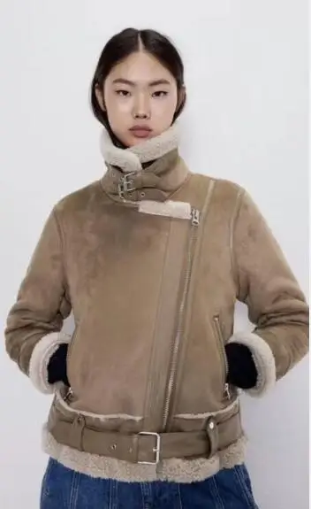 Warm women's winter motorcycle Suede velvet jacket female short lapels fur thick plus velvet jacket bomber jacket