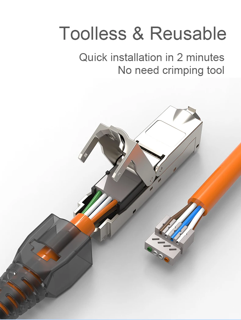 Tool-less RJ45 LAN Cable Extension Connector - Cat5e, Cat6A, Cat7 Network Extender Junction Adapter Description Image.