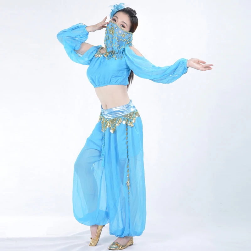 Женский сексуальный Болливуд набор костюма для танца живота индийское сари танец живота брюки костюм шифон вуаль танец живота представление Блум костюм - Цвет: Lake blue