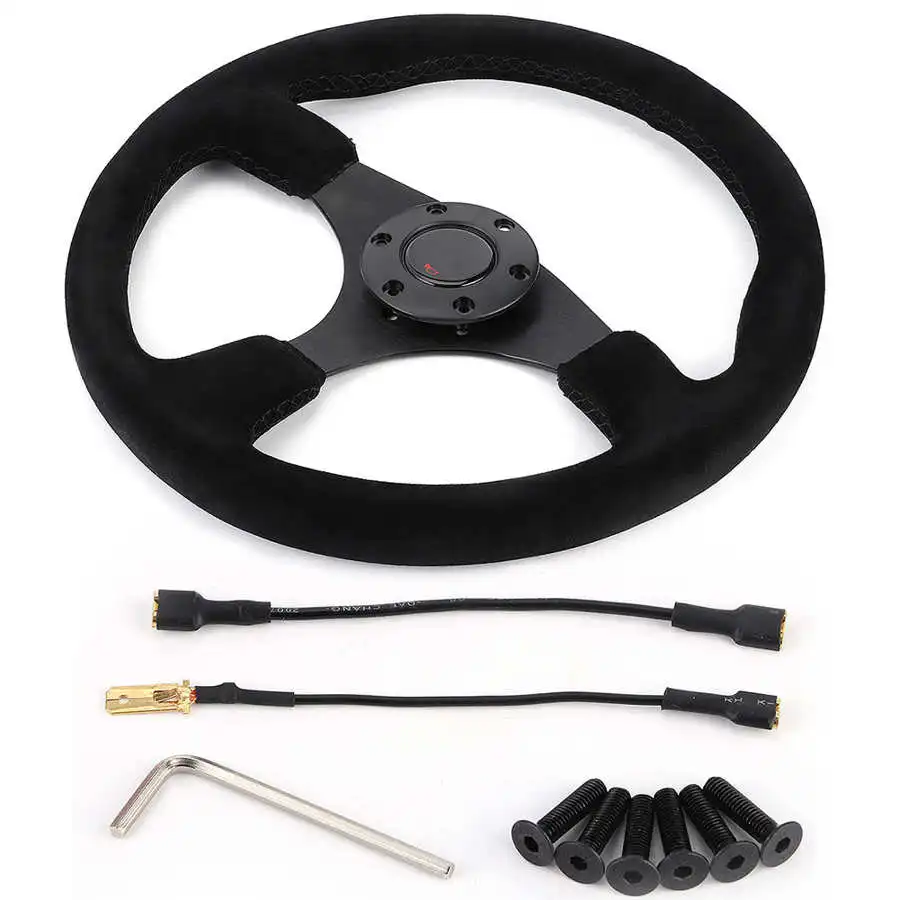 Universal 14in/350mm Steering Wheel For Momo Style 6 Black Suede Racing