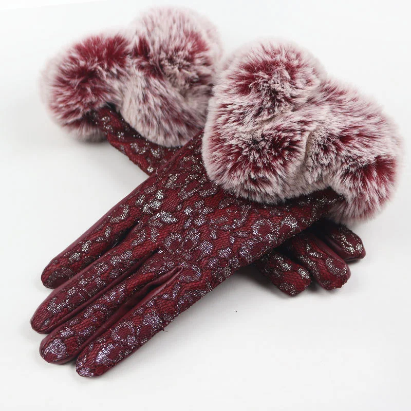 Зимние женские теплые варежки из искусственной кожи с плюшевым толстым сенсорным экраном, Непродуваемые водонепроницаемые спортивные велосипедные перчатки B57 - Цвет: B Wine Red