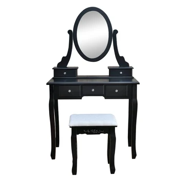 

Dressers Makeup Desk 360° Rotation Single Mirror 5 Drawers Dressing Table Black
