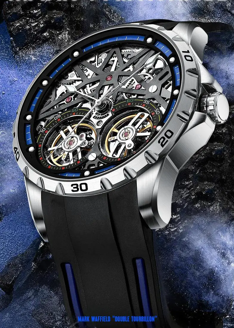 Genuine men business watches fashion fully automatic double Tourbillon mechanical MAN WATCH Hollow luxury Rubber band Wristwatch