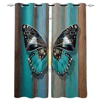 

Wooden Texture Turquoise Butterfly Window Curtains Home Decor Curtains for Living Room Bedroom Kitchen Items Christmas Curtains
