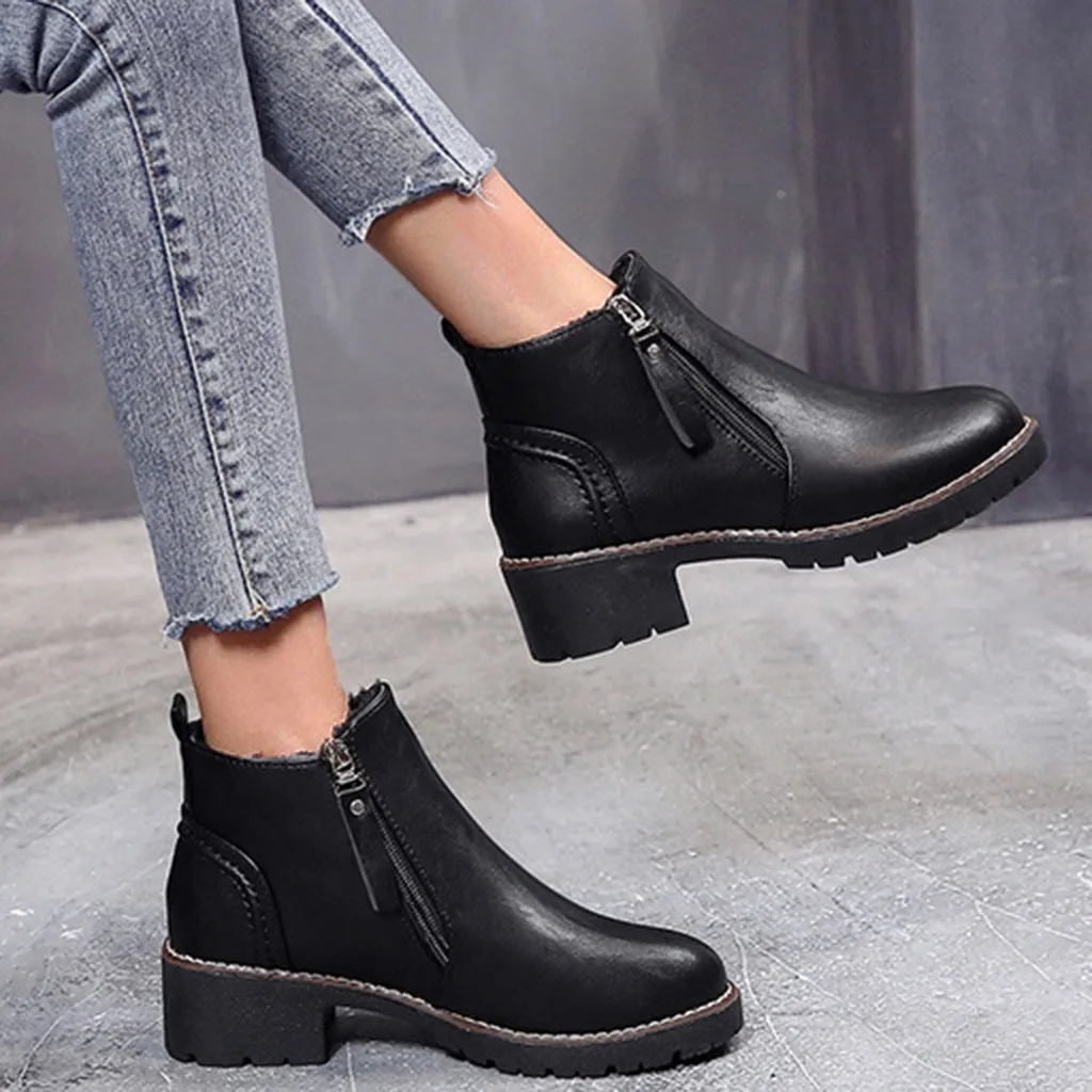 

Zipper Leather Thick Sole Boots Waterproof Platform Winter Women's Shoes For Ladies Causal Cool Boots Fretwork Heels Retro Boots