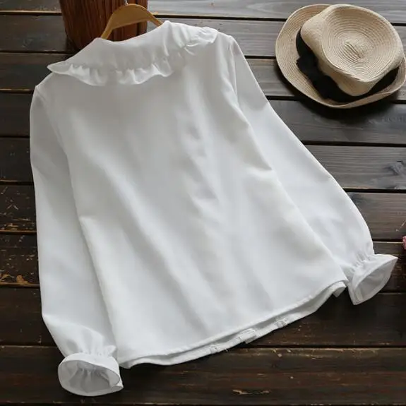 Mori/Осенняя белая блузка в стиле «каваи» с длинными рукавами и воротником «Питер Пэн» с розовым бантом; рубашка в стиле «Лолита»; японская школьная форма; AF512