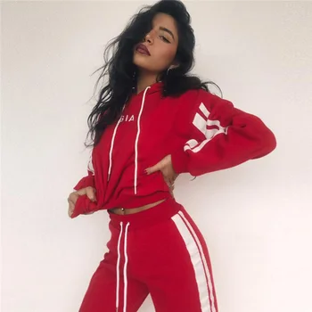

Autumn 2 Piece Set Women Side Stripe Tracksuit Sportswear Casual White Sweat Harem Pants Hooded Cropped Sweatshirt Hoodie
