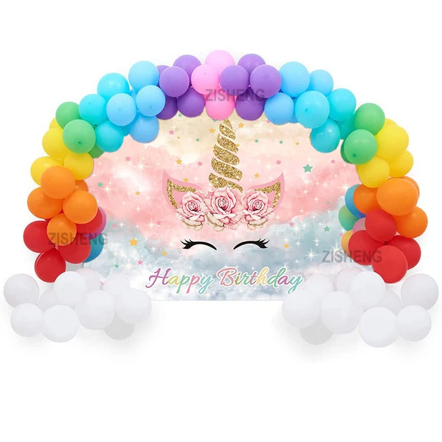 Juego De Decoracion Unicornio Arcoiris Globos Fondo Para Fiesta Cumpleaños  Niña