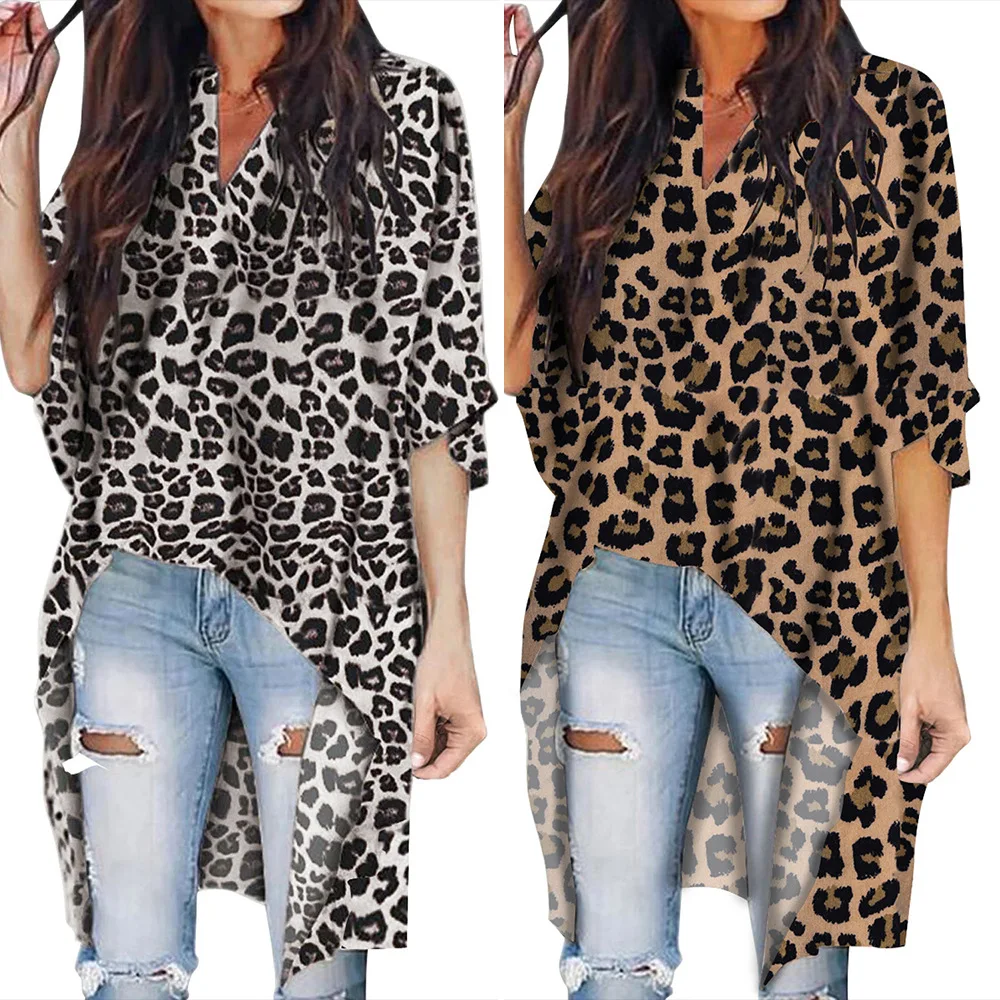 

Women Leopard Oversized T Shirt 2020 Spring Summer Irregular 3/4 Sleeve Female Cheetah Print Chic Fashion Tshirts Tops Plus Size