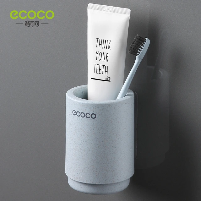 ECOCO Magnetic Adsorption Inverted Toothbrush Holder Simple Toothpaste Storage Rack with Wash Cup Punch Free Bathroom Sets Blue