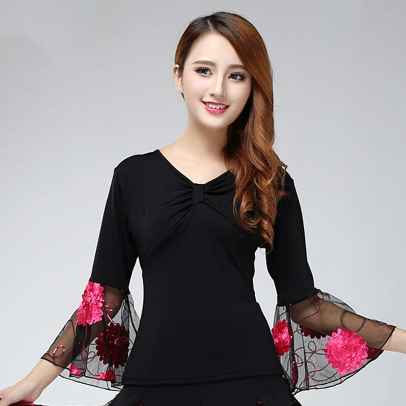 Ballroom Dance Costume Tops Flamenco Blouses Standard Modern Outfits Waltz Latin Salsa Rumba Dancewear Tops Long Sleeves