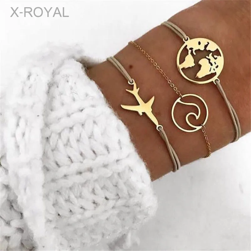 

X-ROYAL 3Pcs/set Alloy Map Plane Charm Women Fashion Bracelets Classic Gold Lobster Clasps Bracelets With 5cm Extended Chains