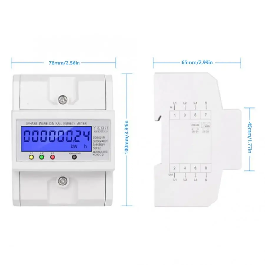 3 Phase 4 Wire LCD Energy Meter DIN Rail Power Consumption Energy Meter Electronic Wattmeter RS485 LCD Backlight