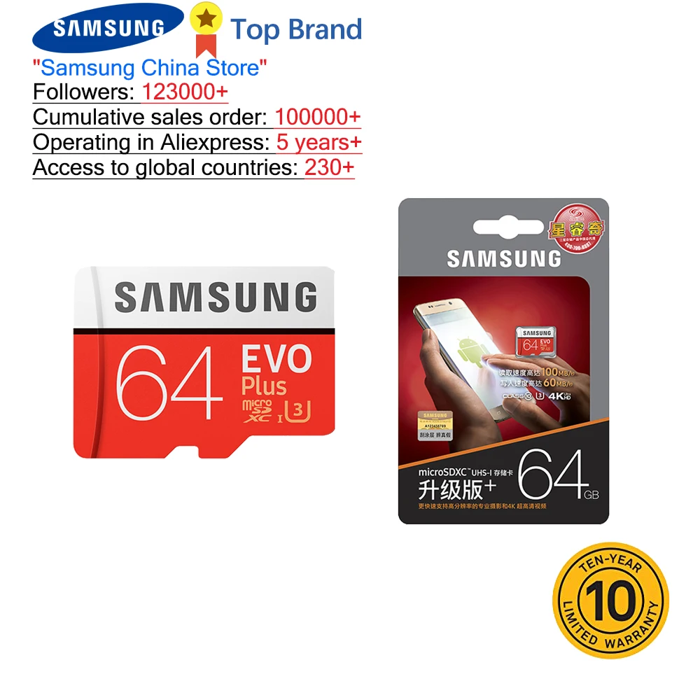 SAMSUNG 100% оригинал TF Micro SD карта памяти MicroSD EVO Plus класс 10 U3 32 Гб 64 128 ГБ 256 Смартфон