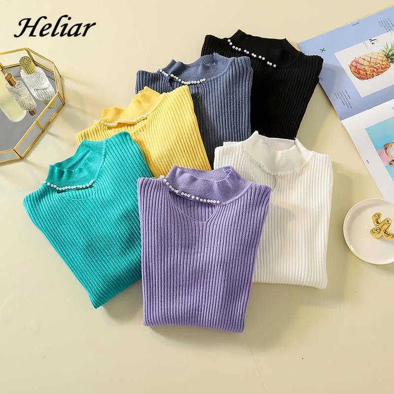 

Heliar Women Beading Fall Hole O-Neck Sweater Solid Slim Knitting Underwear Sweater For Women 2019 Autumn Solid Casual Pullovers