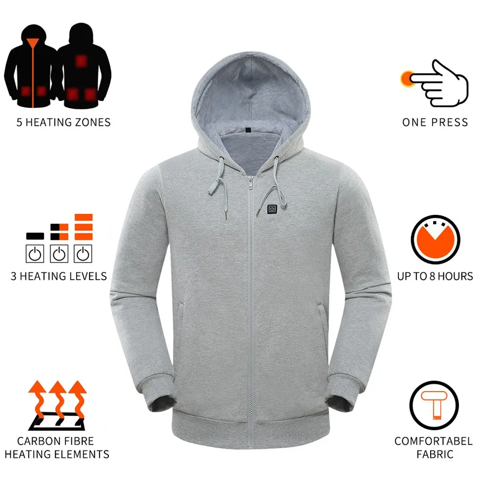 S-XXL, Мужская зимняя верхняя одежда, пальто, толстовка, серый цвет, длинный рукав, Смарт USB, электрическое отопление, теплая куртка на молнии, пальто