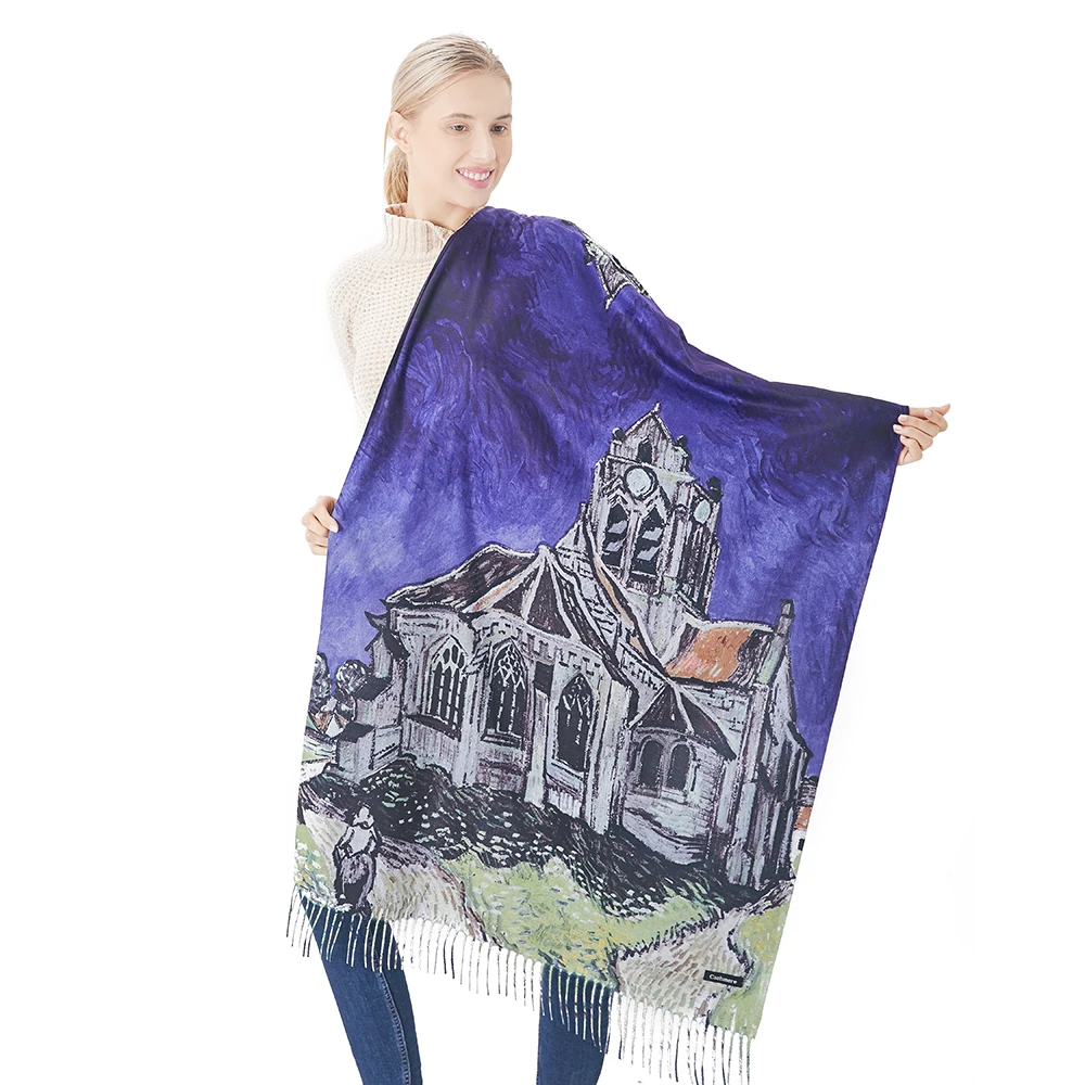 

Winter Scarf Women Van Gogh Painting Orville's Church Bandana Foulard Warm Cashmere Shawls Tassel Neck Wrap Female Pashmina