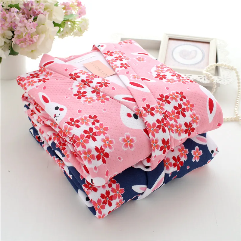 Rabbit Kimono Spring Summer Women's Half Sleeve Pajamas Set Pure Cotton Gauze Home Bathrobe Yukata Homewear Japanese Nightgown