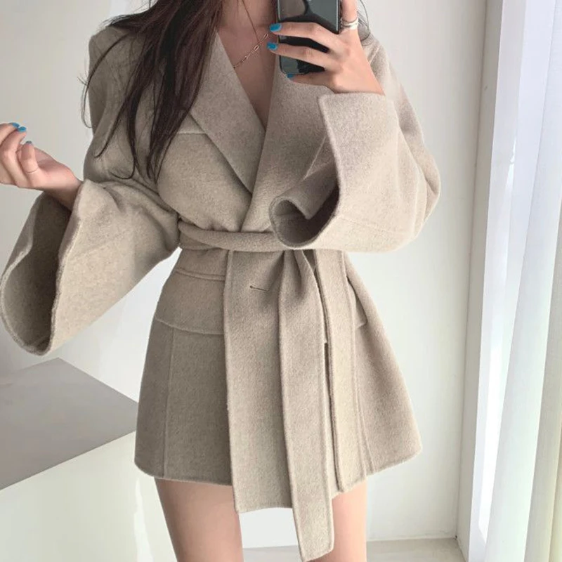 [EWQ] 2021 New Spring French Lapel Straight Slimming Lace-up Waist Cardigan Long Sleeve Woolen Coat For Women Loose Casual Suit | Женская