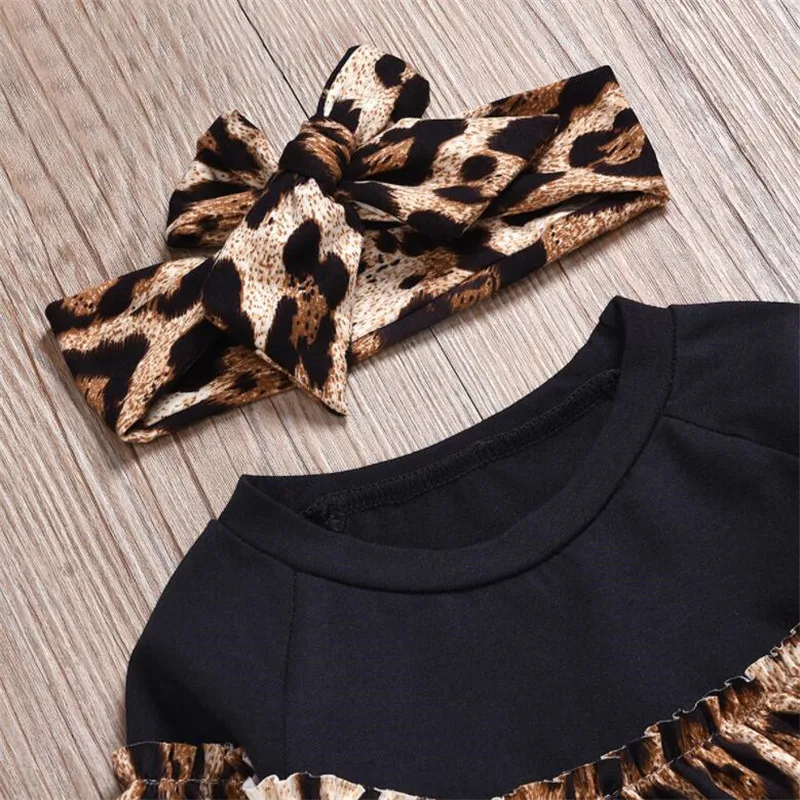 Модный Леопардовый костюм для девочек комплекты детской одежды комплект из двух предметов, футболка и штаны и повязка на голову, Осенняя детская одежда с длинными рукавами