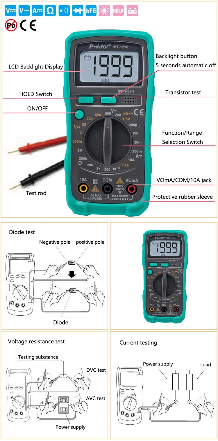 Proskit мини цифровой мультиметр ЖК-дисплей подсветка диод тестер-Транзистор тестер метр Профессиональный AC DC Карманный мультиметр