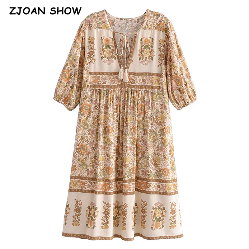 2021BohemiaTasselLacingupVneckLocationFlowerPrintMidiDress